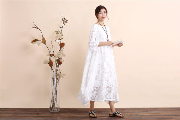Women Zen Style Causal Round-neck Long Loose Tea Length Dress