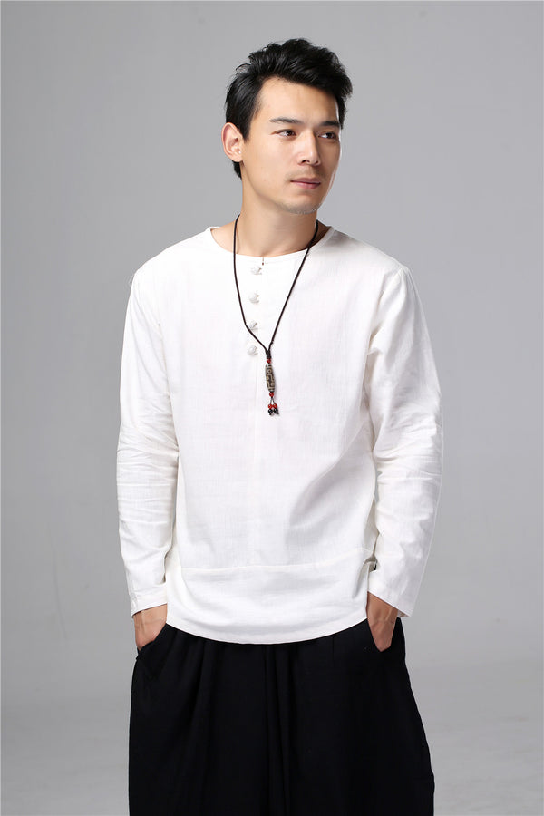 Men Chinese Folk Style Long Sleeve Linen and Cotton T-shirt Top