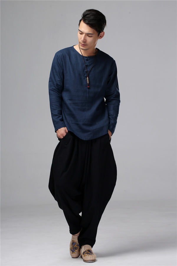 Men Chinese Folk Style Long Sleeve Linen and Cotton T-shirt Top