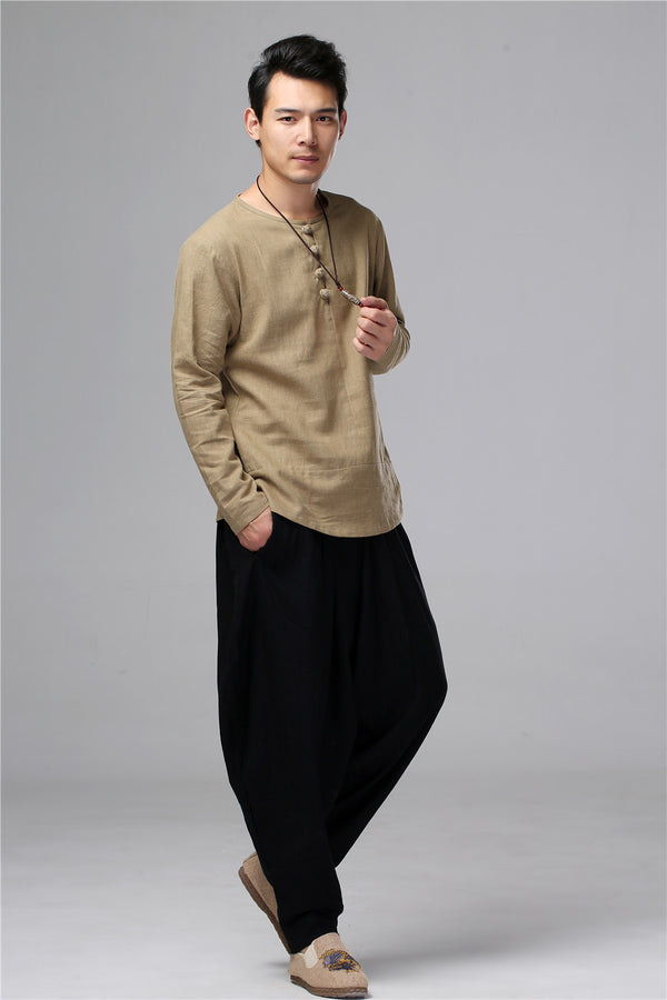 Men Chinese Folk Style Long Sleeve Linen and Cotton T-shirt Top