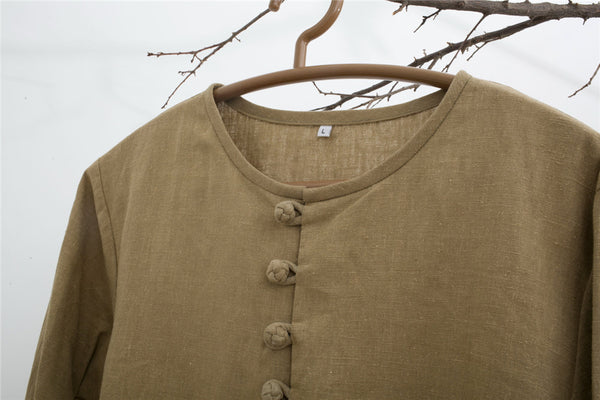 Men Chinese Folk Style Long Sleeve Linen and Cotton T-shirt Top