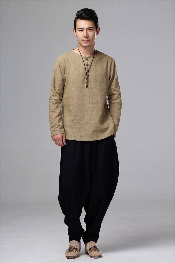Men Chinese Folk Style Long Sleeve Linen and Cotton T-shirt Top
