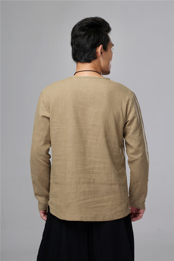 Men Chinese Folk Style Long Sleeve Linen and Cotton T-shirt Top