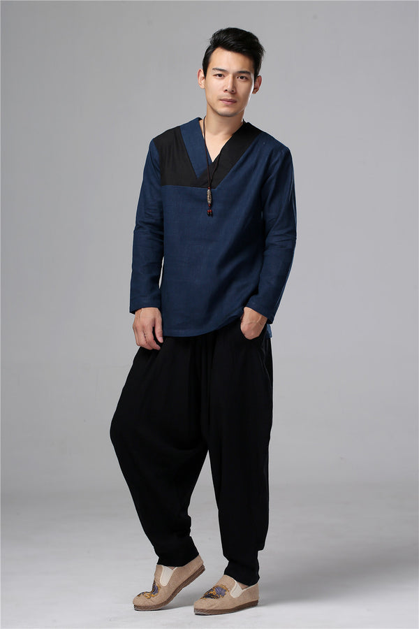 Men New Style Hangfu Tai Chi Style Linen and Cotton T-shirts Tops