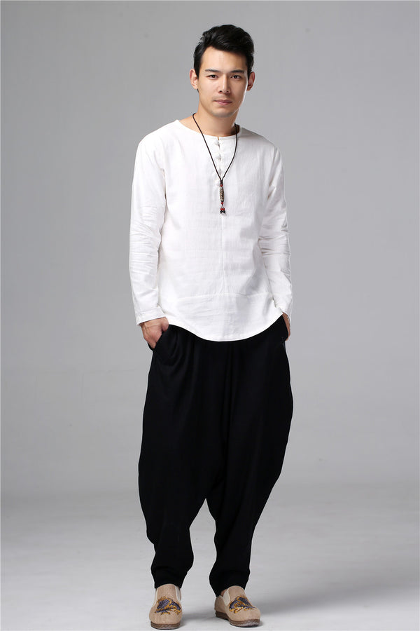 Men Chinese Folk Style Long Sleeve Linen and Cotton T-shirt Top