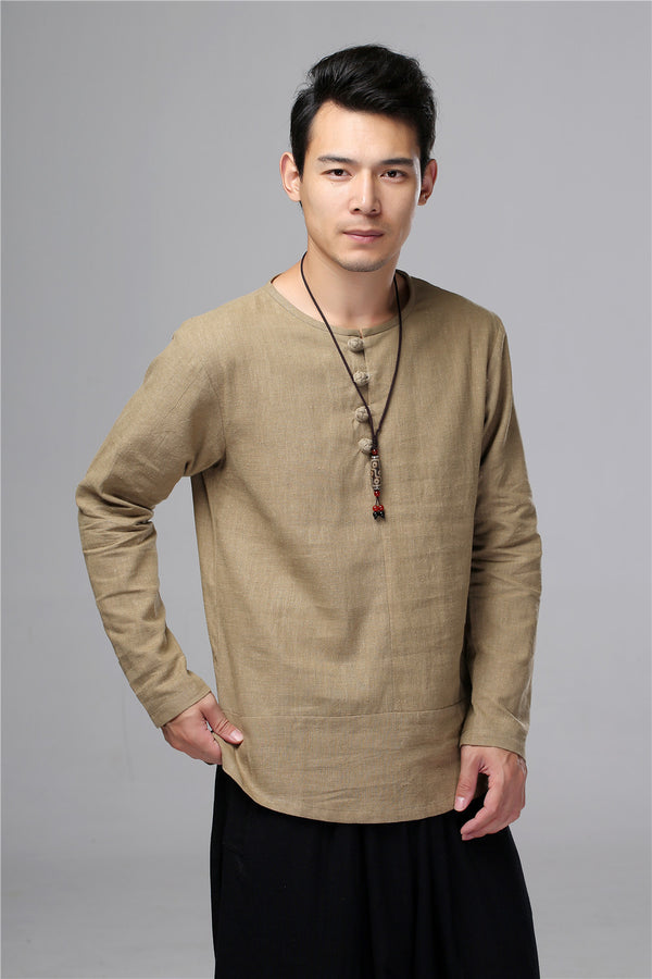 Men Chinese Folk Style Long Sleeve Linen and Cotton T-shirt Top