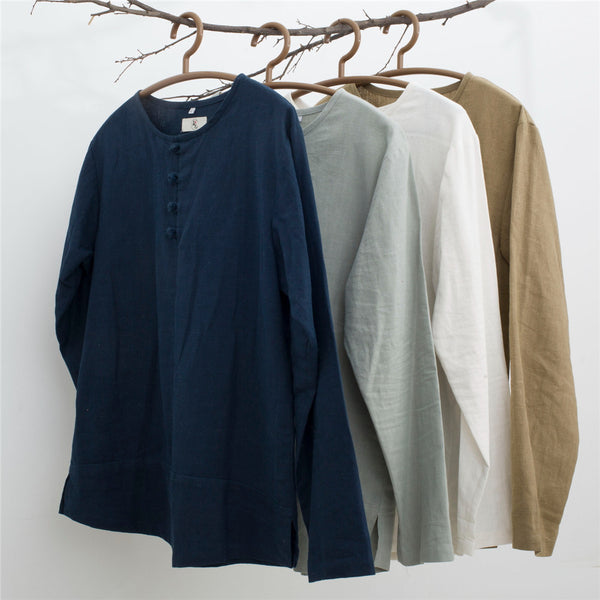 Men Chinese Folk Style Long Sleeve Linen and Cotton T-shirt Top