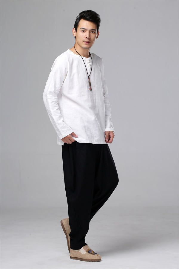 Men New Style Hangfu Kungfu Zen Style Linen and Cotton T-shirts Tops