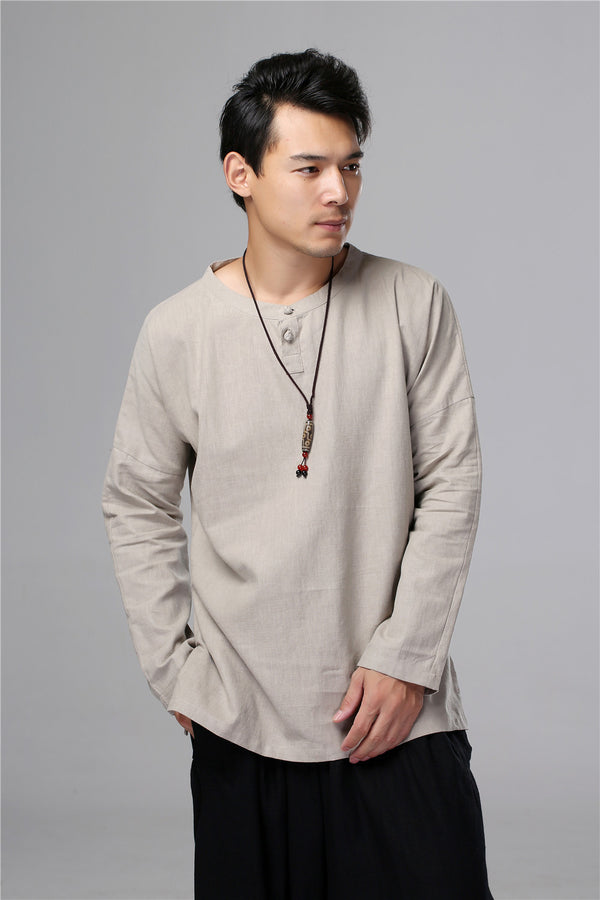 Men New Style Hangfu Kungfu Zen Style Linen and Cotton T-shirts Tops