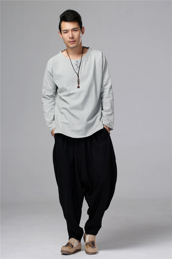 Men New Style Hangfu Kungfu Zen Style Linen and Cotton T-shirts Tops