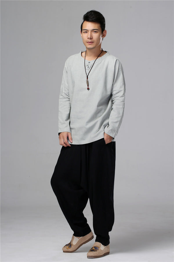 Men New Style Hangfu Kungfu Zen Style Linen and Cotton T-shirts Tops