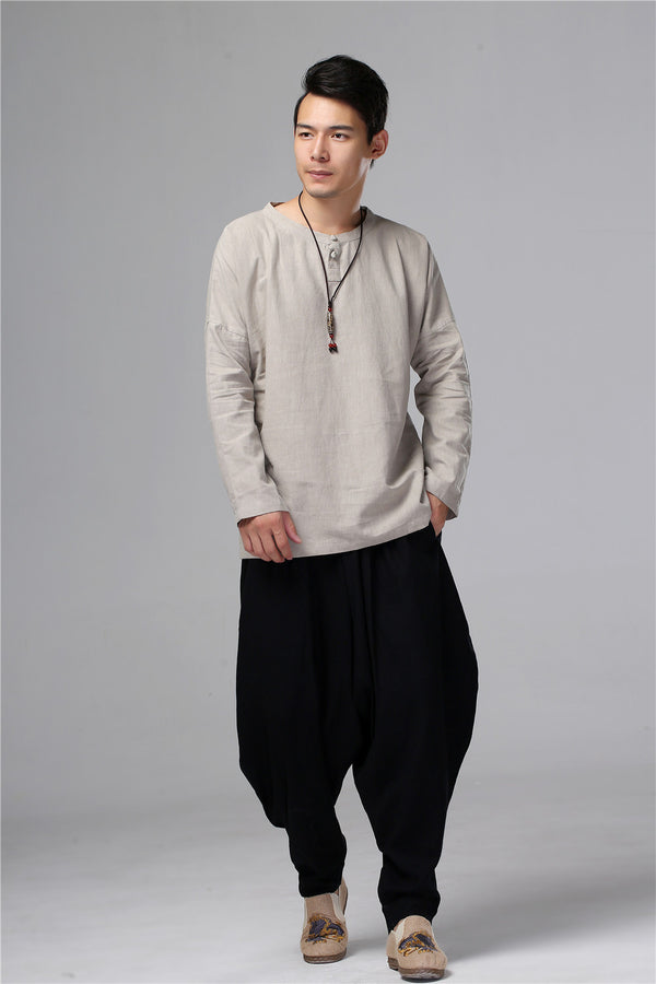 Men New Style Hangfu Kungfu Zen Style Linen and Cotton T-shirts Tops