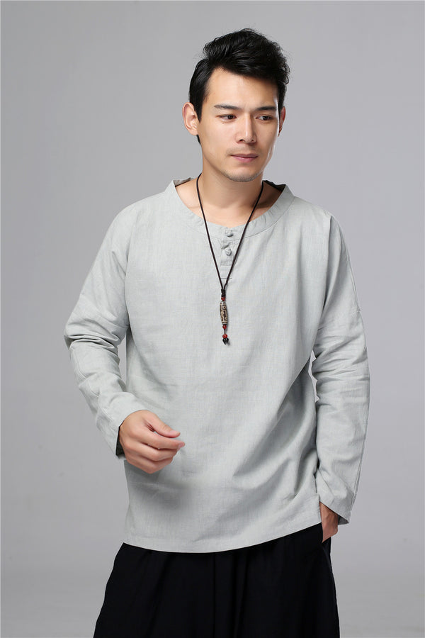Men New Style Hangfu Kungfu Zen Style Linen and Cotton T-shirts Tops