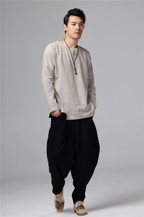 Men New Style Hangfu Kungfu Zen Style Linen and Cotton T-shirts Tops