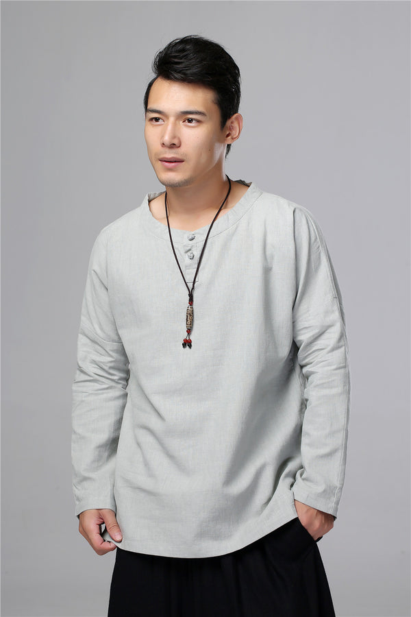 Men New Style Hangfu Kungfu Zen Style Linen and Cotton T-shirts Tops