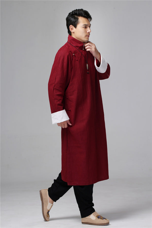 Men Tranditional Chinese KungFu Style Tunic Type Linen and Cotton Coat