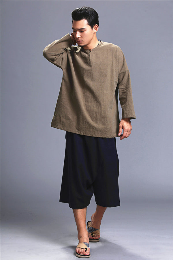 Men Loose Causal Pure Color Cotton and Linen Hanging Crotch Cropped Pants