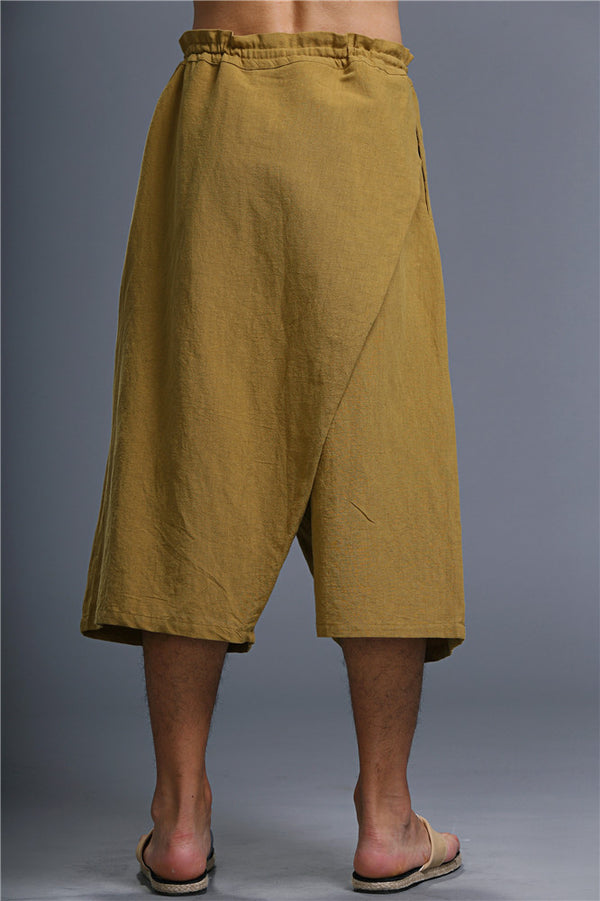 Men Loose Causal Pure Color Cotton and Linen Hanging Crotch Cropped Pants