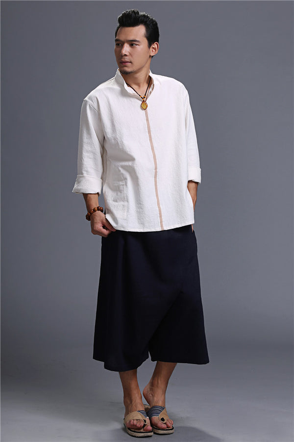 Men Loose Causal Pure Color Cotton and Linen Hanging Crotch Cropped Pants