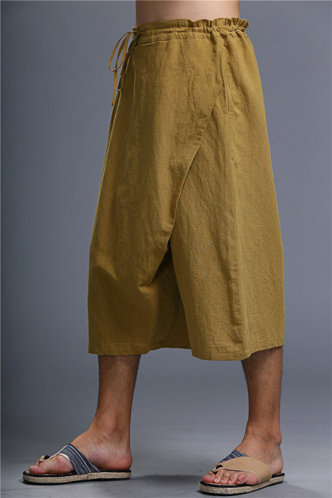 Men Loose Causal Pure Color Cotton and Linen Hanging Crotch Cropped Pants