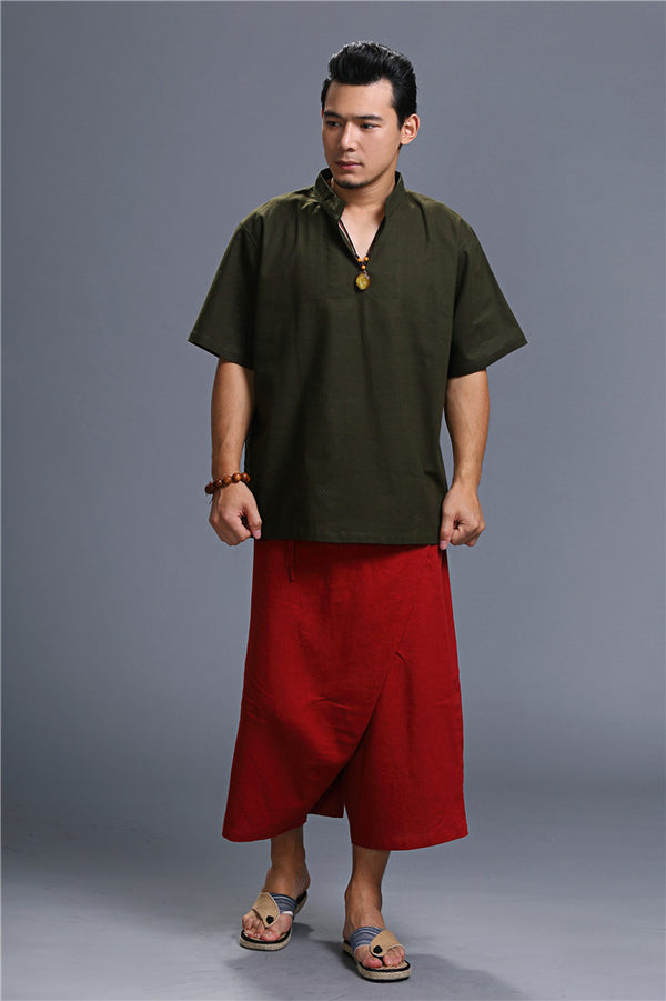 Men Loose Causal Pure Color Cotton and Linen Hanging Crotch Cropped Pants