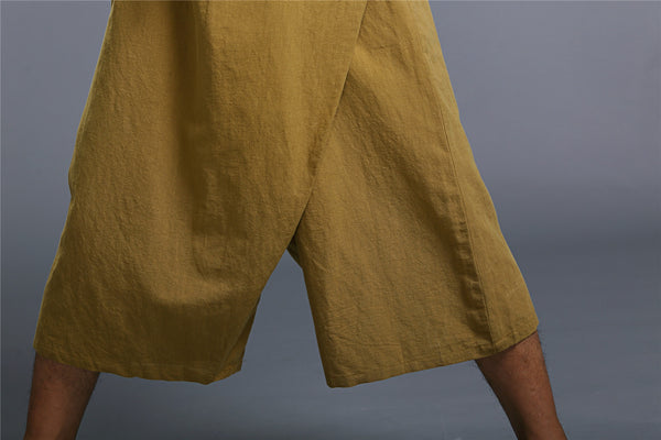 Men Loose Causal Pure Color Cotton and Linen Hanging Crotch Cropped Pants