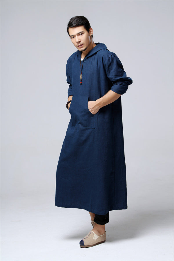 Men Pullover Loose Coat KungFu Style Linen and Cotton Long Tunics Hoodies