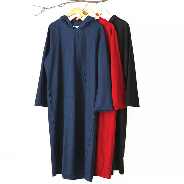 Men Pullover Loose Coat KungFu Style Linen and Cotton Long Tunics Hoodies
