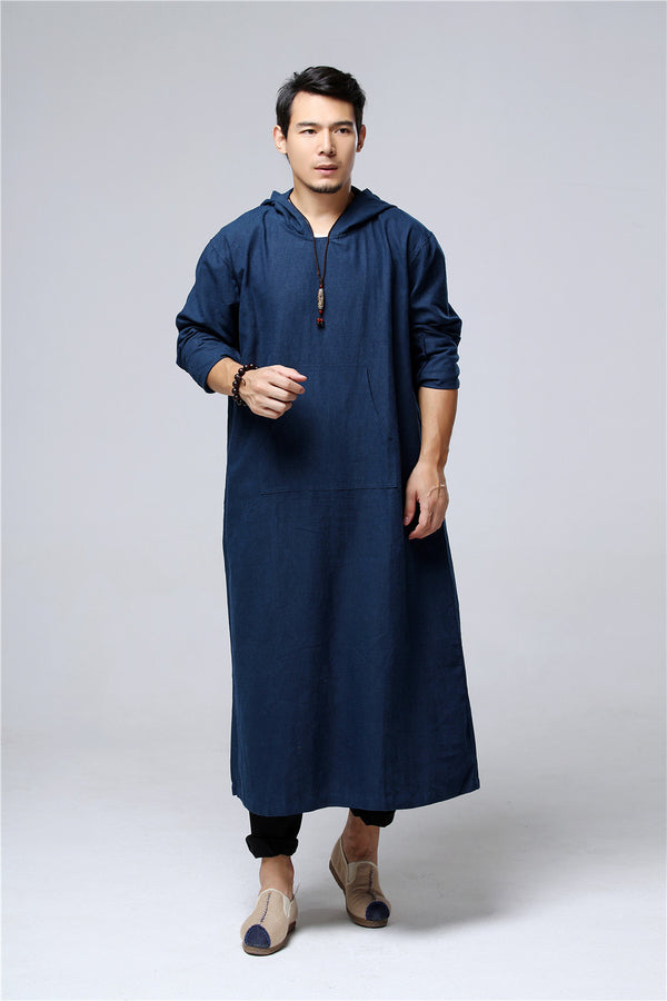 Men Pullover Loose Coat KungFu Style Linen and Cotton Long Tunics Hoodies