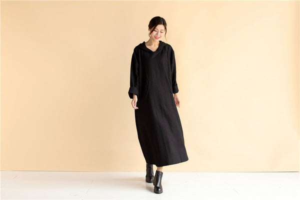 Hoodie dress/ Linen Dress Hoodie/ Autumn Hooded Dresses/ Ankle Length Dress/ Casual dress/ Coat Dress/ Tunic Dress