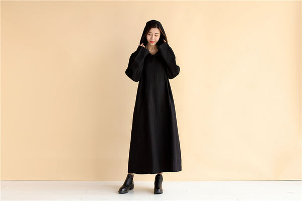 Hoodie dress/ Linen Dress Hoodie/ Autumn Hooded Dresses/ Ankle Length Dress/ Casual dress/ Coat Dress/ Tunic Dress