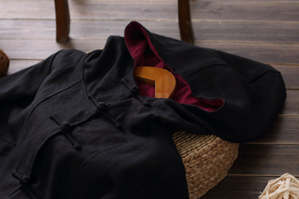 Women Simple Pure Color Witch Style Linen and Cotton Coat Hoodie