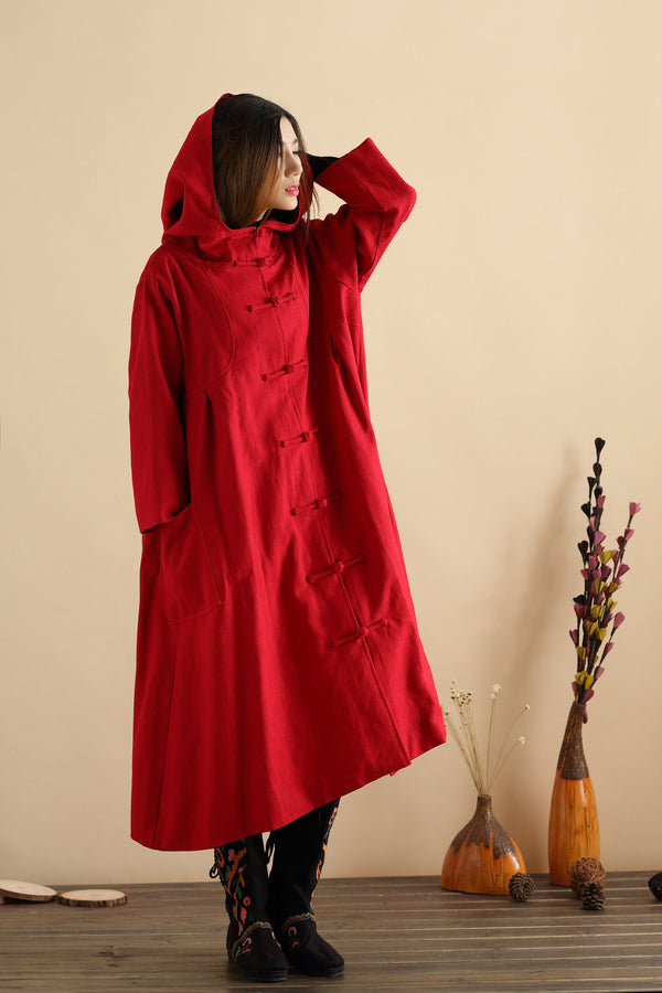 Women Simple Pure Color Witch Style Linen and Cotton Coat Hoodie