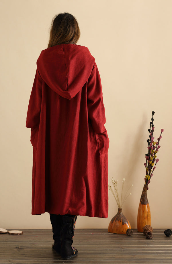 Women Simple Pure Color Witch Style Linen and Cotton Coat Hoodie