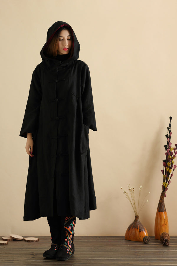 Women Simple Pure Color Witch Style Linen and Cotton Coat Hoodie
