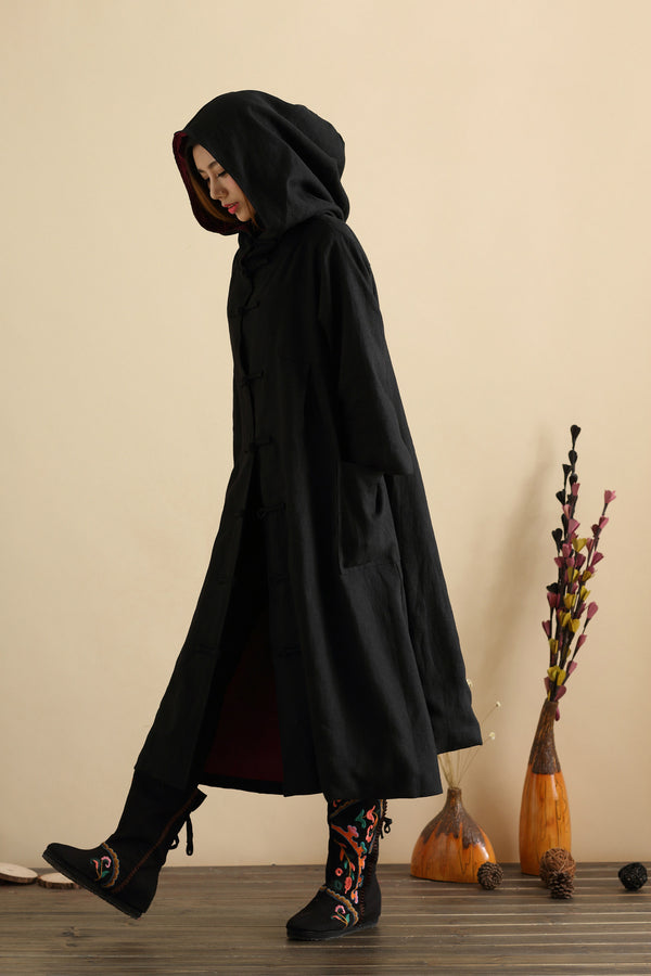 Women Simple Pure Color Witch Style Linen and Cotton Coat Hoodie
