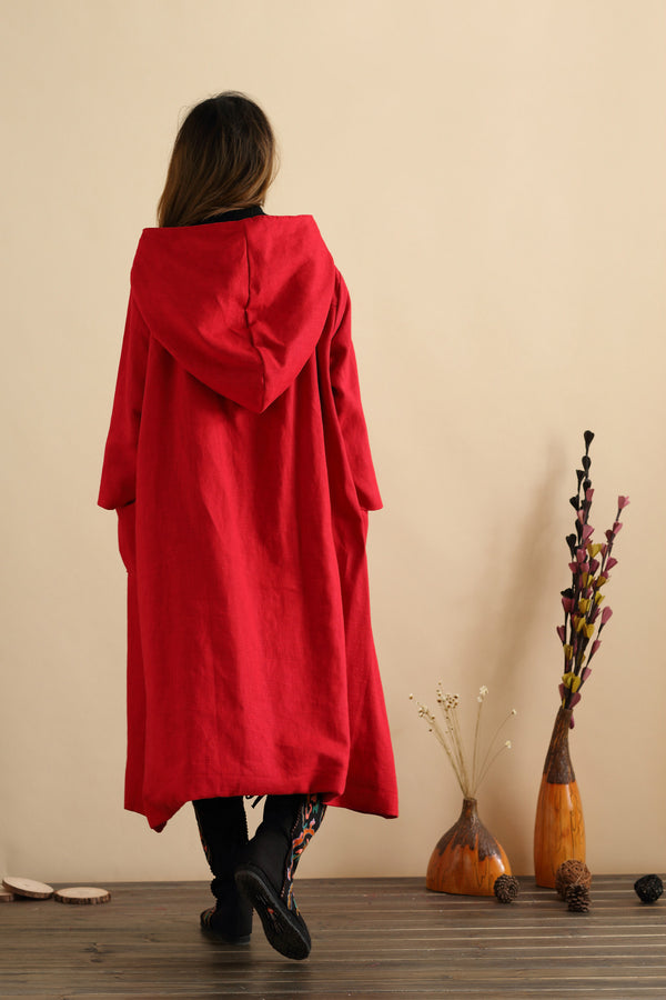 Women Simple Pure Color Witch Style Linen and Cotton Coat Hoodie