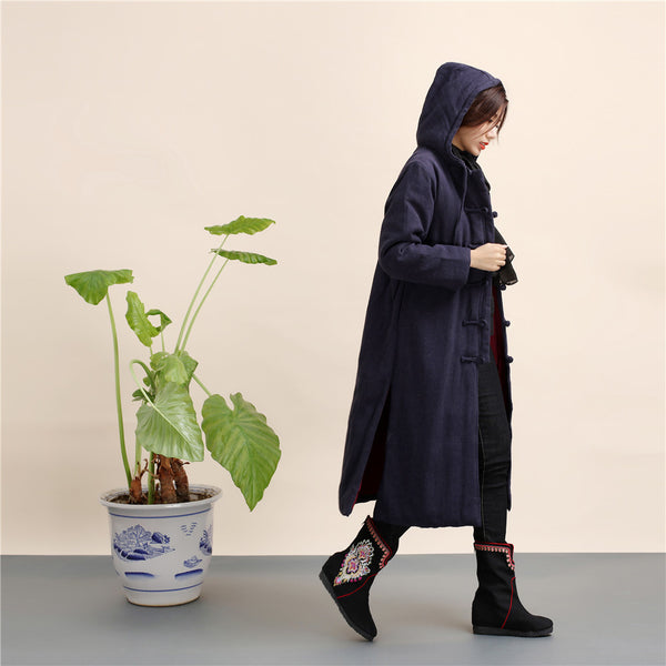 Women Retro Style Long Linen and Cotton Quilted Coat with Hoodie