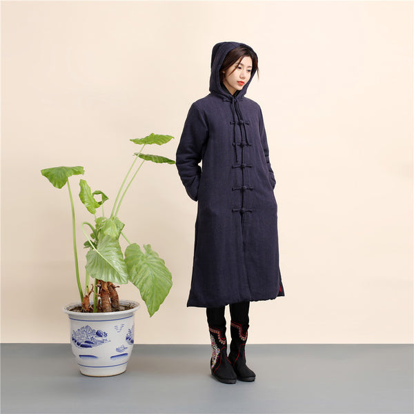 Women Retro Style Long Linen and Cotton Quilted Coat with Hoodie