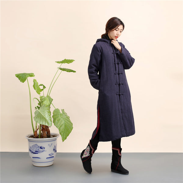 Women Retro Style Long Linen and Cotton Quilted Coat with Hoodie
