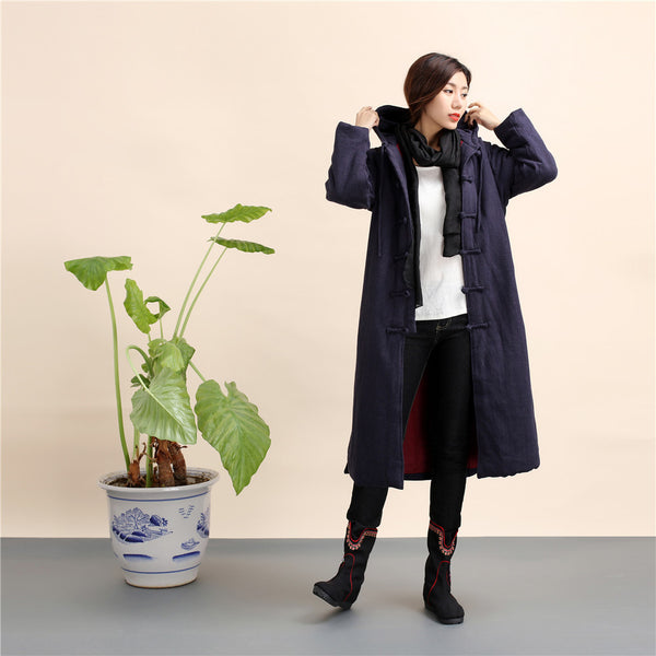 Women Retro Style Long Linen and Cotton Quilted Coat with Hoodie