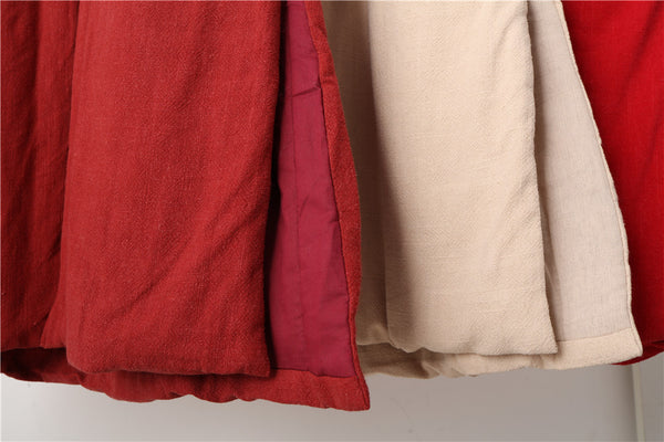 Women Retro Style Long Linen and Cotton Quilted Coat with Hoodie