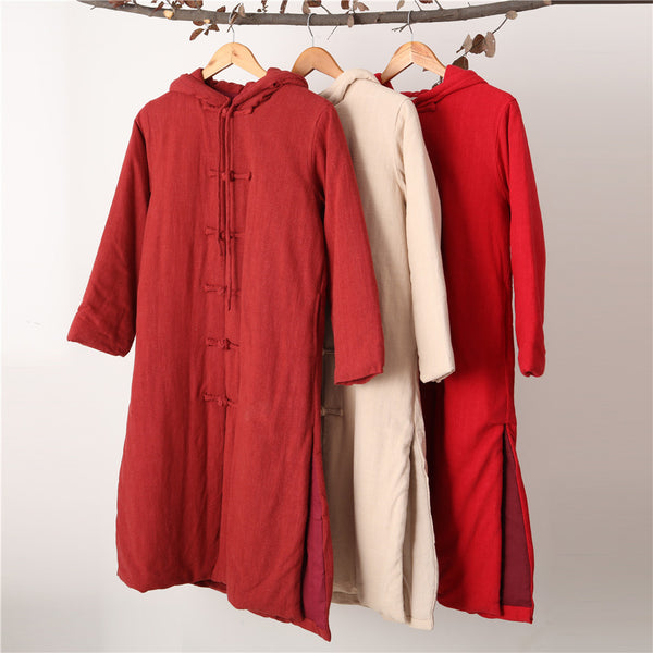 Women Retro Style Long Linen and Cotton Quilted Coat with Hoodie