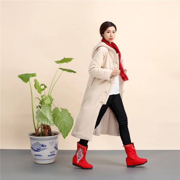Women Retro Style Long Linen and Cotton Quilted Coat with Hoodie