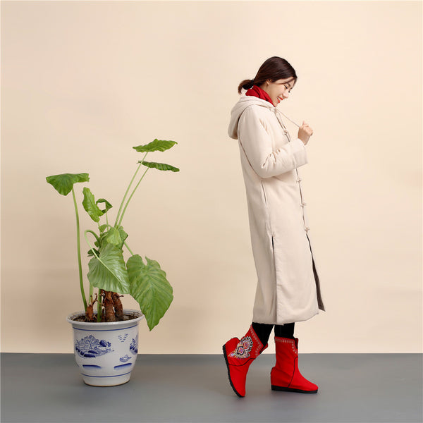 Women Retro Style Long Linen and Cotton Quilted Coat with Hoodie