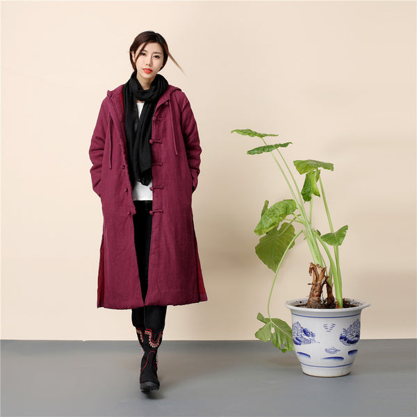 Women Retro Style Long Linen and Cotton Quilted Coat with Hoodie