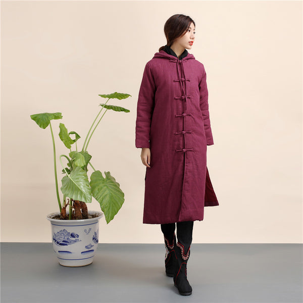 Women Retro Style Long Linen and Cotton Quilted Coat with Hoodie