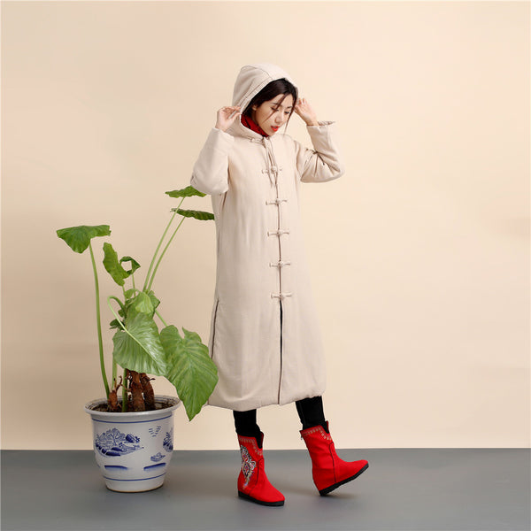 Women Retro Style Long Linen and Cotton Quilted Coat with Hoodie