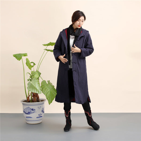 Women Retro Style Long Linen and Cotton Quilted Coat with Hoodie