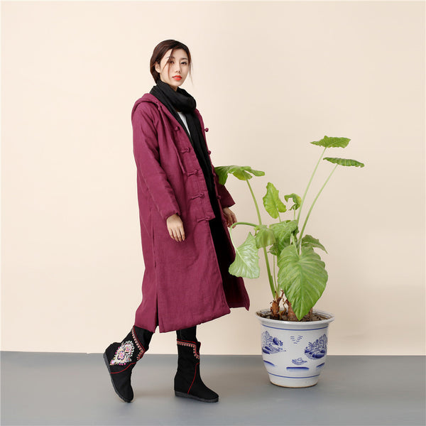 Women Retro Style Long Linen and Cotton Quilted Coat with Hoodie